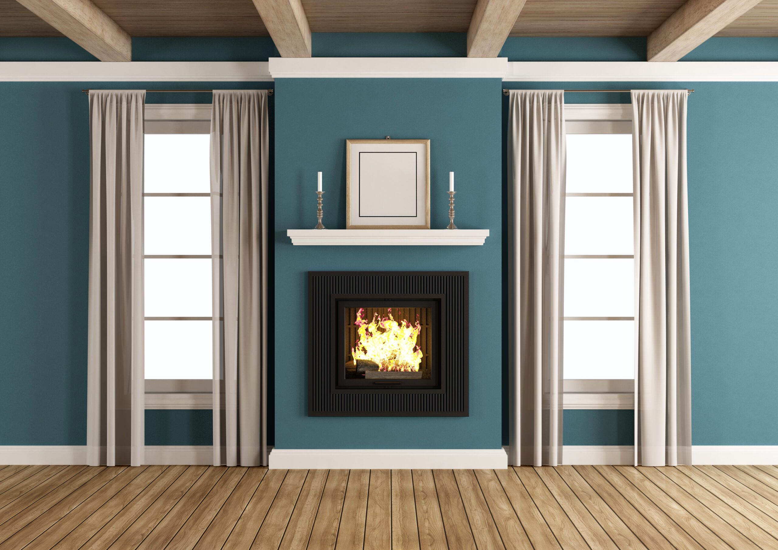 Fireplace in a blue classic room with windows and wooden ceiling - 3d rendering